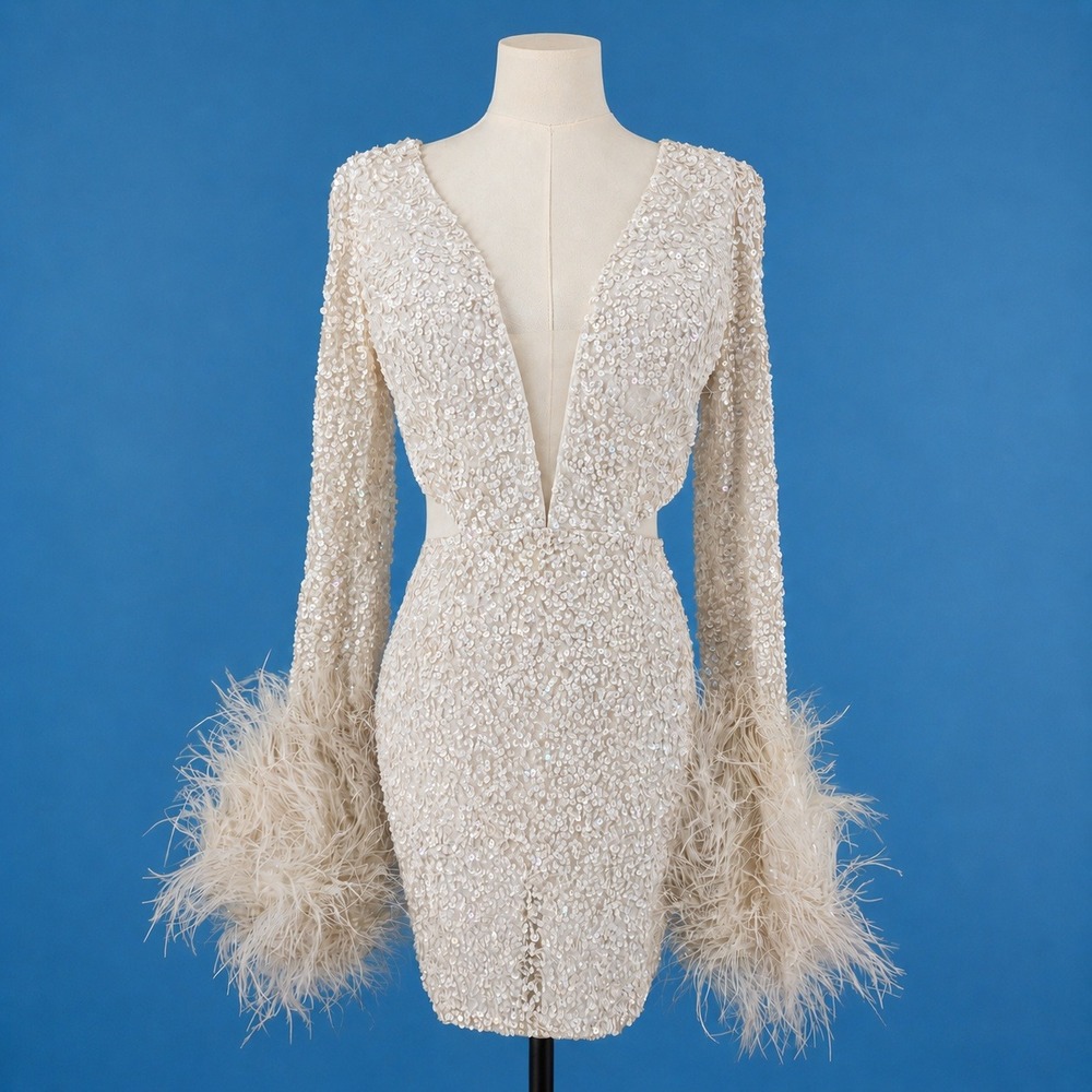 Aleta Sequin Feather Mini Dress Womens 2 White V-Neck Long Sleeve Cocktail Flaws